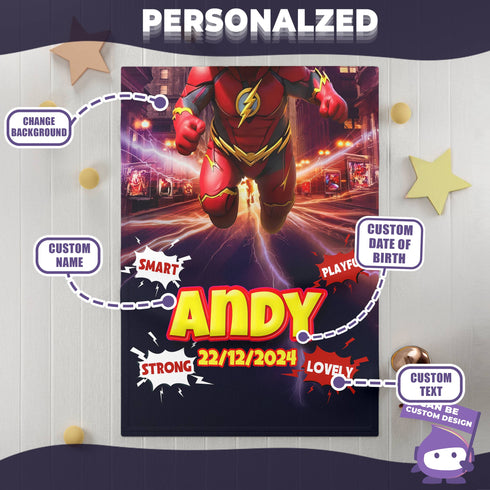 Personalized Baby Superhero Blanket – The Flash Style with Custom Name & Birthday